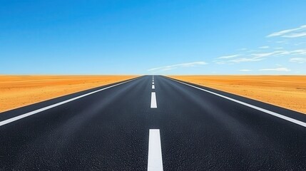 Fototapeta premium Minimalist photo of empty road in desert under clear blue sky, symbolizing journey and open possibilities. 