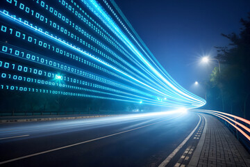 Vibrant digital stream of binary code flowing along a dark urban roadway at night
