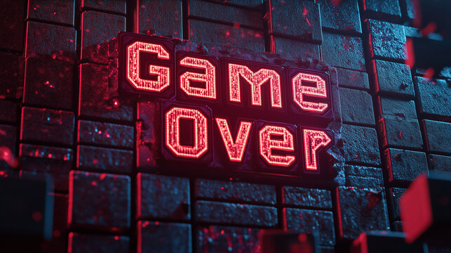  A glowing red Game Over text is displayed on a dark textured brick wall surrounded by subtle lighting effects.