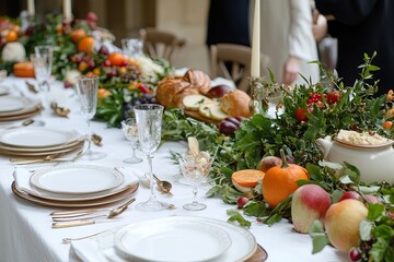 Fototapeta premium Elegant table setting adorned with seasonal fruits and greenery for a festive gathering in autumn