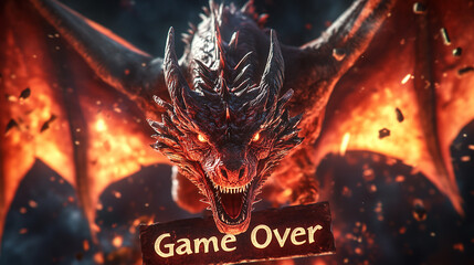 Intense fiery dragon roaring with glowing flames and Game Over text in a dramatic fantasy scene