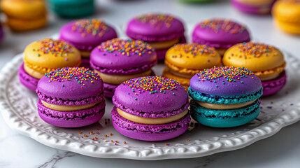 Fototapeta premium Colorful macarons with sprinkles on a white plate indoors, showcasing dessert variety