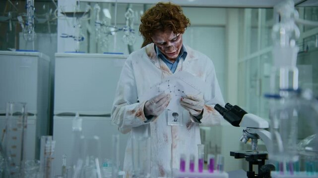 Medium shot of clueless male living corpse technician in stained white lab coat standing in diagnostic laboratory, taking document out of folder then eating it, while female colleague is watching