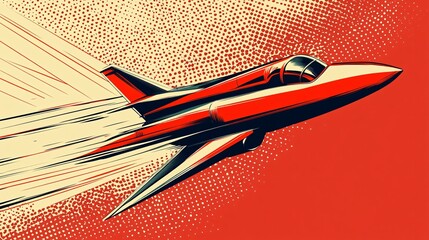 pop art inspired paper plane design, comic book style motion lines, dramatic red leader plane, retro halftone background, bold geometric patterns, white follower planes, dynamic dotted trails,