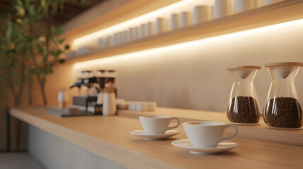Obraz premium Modern Coffee Shop Interior: Minimalist Design and Warm Lighting