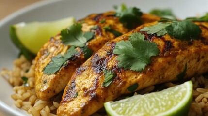 A healthy chicken breast curry served over a bed of brown rice with a garnish of cilantro and lime wedges