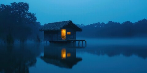 Fototapeta premium Small wooden cabin is sitting on a dock in the water