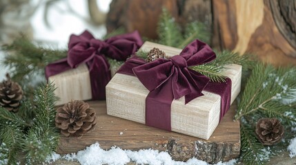 traditional festive arrangement, distressed wooden boards, craft paper gift wrapping, burgundy silk bows, evergreen decorative elements, ambient bokeh background, delicate snowflakes, intimate