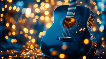 Fototapeta premium Elegant black acoustic guitar with glowing festive lights and music notes in a warm magical ambiance