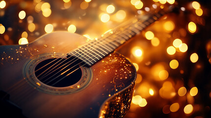 Naklejka premium Acoustic guitar with glowing fairy lights in a warm festive background creating a magical musical ambiance