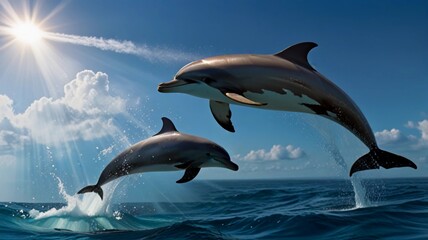 Fototapeta premium dolphins jump out of the calm, bright sea
