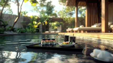Obraz premium A luxurious floating breakfast featuring sushi, sake, and tropical decor in an elegant villa pool