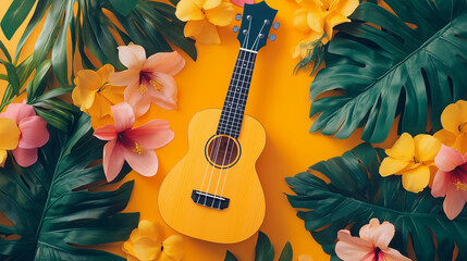 Yellow ukulele surrounded by vibrant tropical flowers and lush green leaves on a bright background