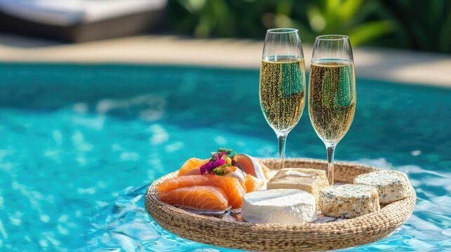A luxurious poolside breakfast with champagne and a floating tray filled with gourmet items like smoked salmon and brie