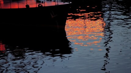 Dramatic sunset reflection on water beside a boat.