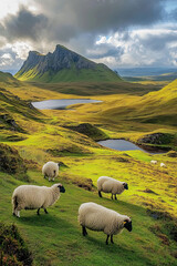 Obraz premium Highland landscape with rolling hills and scattered sheep grazing