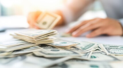 Close-up of hands counting dollar bills on a desk with a warm, sparkling glow. Concept: money management