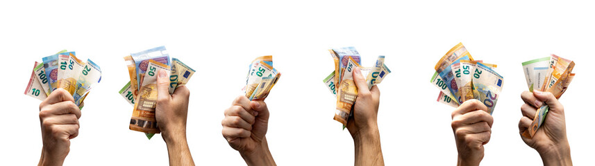 Variations of hands holding Euro banknotes isolated