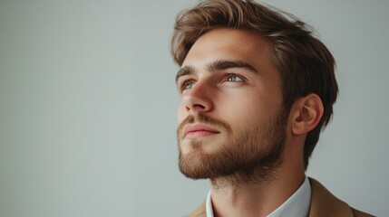 Fototapeta premium Close-up profile portrait of visionary young business man in casual clothing
