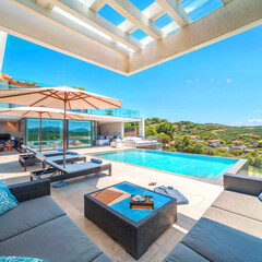 Fototapeta premium Fantastic private villa, terrace view with sun beds chairs under umbrella, luxury pool hotel stunning summer pattern. Beautiful spa or wellness, recreational vacation resort tourism. Tranquil sea sky 