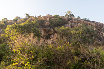 Scenic view of rocky terrain surrounded by lush greenery during golden hour at an outdoor natural reserve