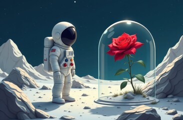 An astronaut stands on the moon, admiring a single red rose encased in a glass dome. The surrounding lunar landscape features craters and rocks under a starry sky.