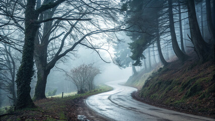 Misty road in the forest