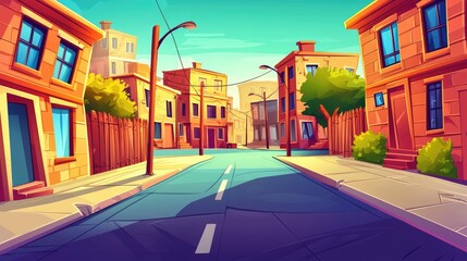 Fototapeta premium Cartoon Street Scene with Brick Buildings and a Blue Road