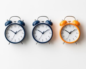 Colorful Alarm Clocks in a Row on a Minimalist Background