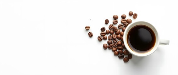 Naklejka premium Top View of Coffee Cup with Scattered Coffee Beans on White Background Featuring Empty Copy Space for Text