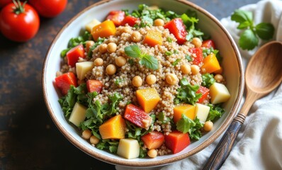 Colorful salad with fresh vegetables and grains
