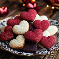 Fototapeta premium Valentine, Festive Heart-Shaped Cookies Arranged on Platter for