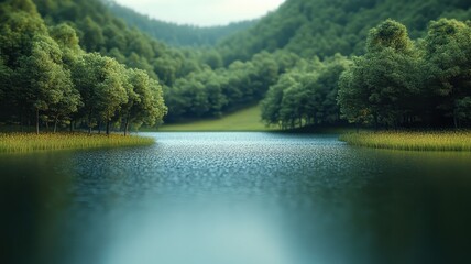 Obraz premium Serene lake reflection lush green forest nature photography tranquil environment wide angle peaceful landscape