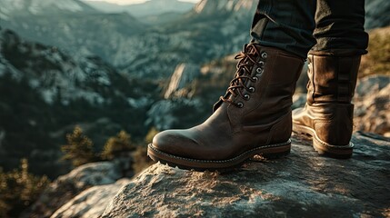 A pair of rugged leather ankle boots stepping on a rocky mountain trail, with scenic vistas in the background.