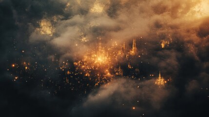 Obraz premium A fiery city shrouded in dark, ominous clouds, glowing intensely from below.
