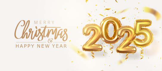 3d 2025 bright gold balloons. New Year and Christmas, holiday greetings. Merry Christmas title. Vector illustration