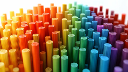 Fototapeta premium Abstract Colorful Cylinders, A vibrant, dynamic array of rainbow-hued columns forming a captivating visual landscape.