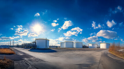 Wide-angle shot of large fuel tanks under a bright, blue sky.
