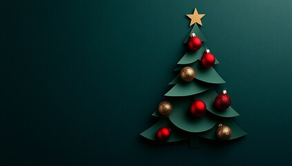 Fototapeta premium Minimalist Green Paper Christmas Tree with Red Gold Ornaments