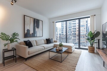 Fototapeta premium Modern Apartment Living Room Interior Design Luxury Couch City View