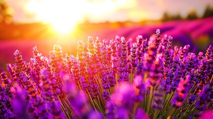 Soft Open Nature, Enchanting Lavender Fields Bathed in Warm Golden Sunset Glow