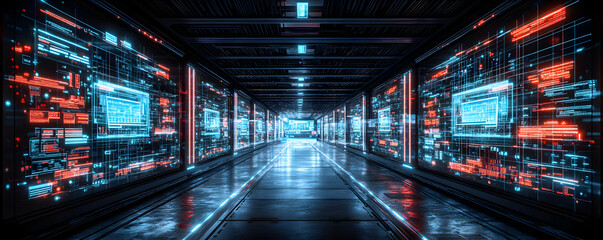 Obraz premium Futuristic Digital Corridor, Neon Data Streams Illuminate a Sleek, Cybernetic Passageway