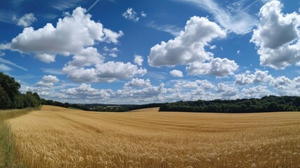 Fototapeta premium A panoramic view of golden wheat fields under a vibrant, cloud-dotted summer sky.