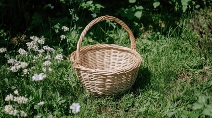 Empty light beige wicker basket with handle on grass surrounded by white flowers.