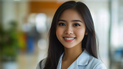 Naklejka premium Portrait of a Smiling Young Filipino Woman in a Bright Indoor Setting