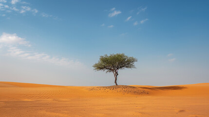Obraz premium A lone tree surrounded by endless desert sands, with a distant mirage shimmering on the horizon.