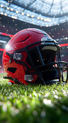 Fototapeta premium Red Football Helmet on Grass, Stadium Game Day Rain