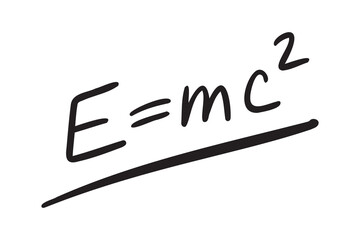 e equal mc2 formula. Physics formula hand drawing e equal sign mc2. energy, mass and speed of light doodle line lettering.