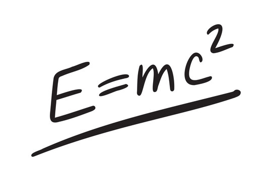e equal mc2 formula. Physics formula hand drawing e equal sign mc2. energy, mass and speed of light doodle line lettering.