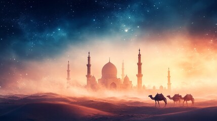 Obraz premium Desert themed Ramadan background with camela at the edges and corners, a blurred mosque in the background. Suitable for travel, religious or nature themed projects, illustrating peaceful, serene scene